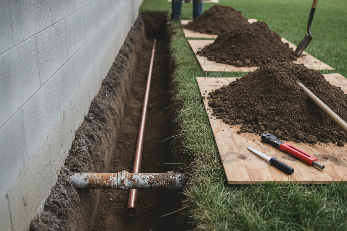 Excavated water line trench during Sewer Line Repair in Millican
